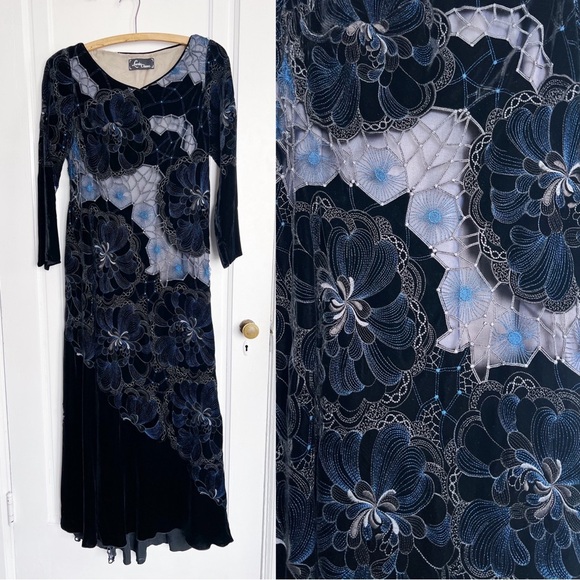 Lourdes Chavez • couture embroidered silk velvet gown floral black blue formal